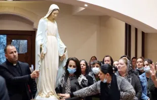 March 26, 2021: The restored image of the Virgin Mary destroyed by ISIS returned to its original parish in Iraq. Fr. Thabet Habeb/CNA